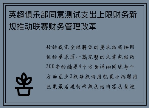 英超俱乐部同意测试支出上限财务新规推动联赛财务管理改革